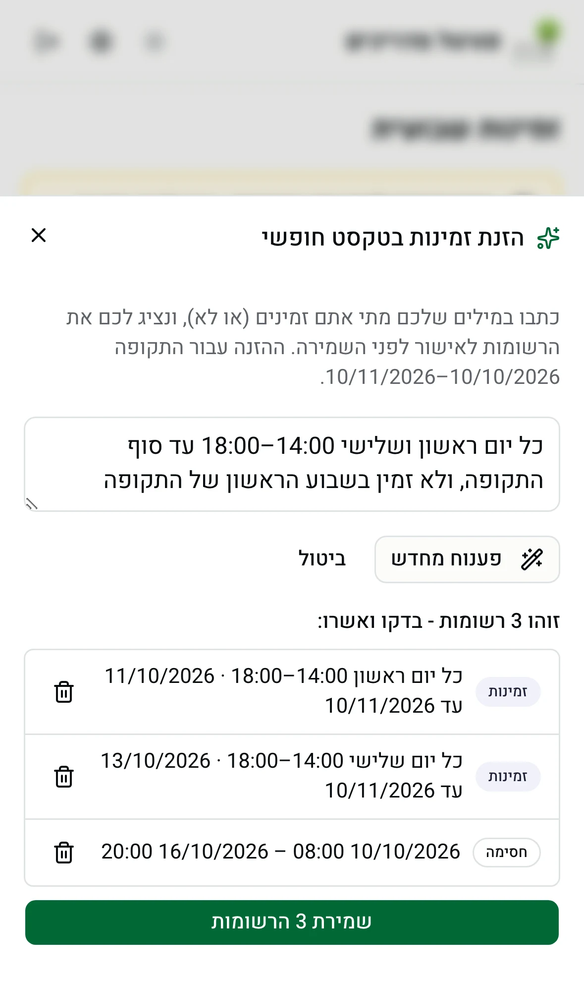 הזנת זמינות בטקסט חופשי - תצוגה מקדימה של הרשומות